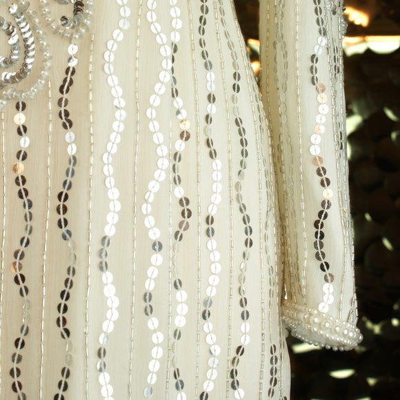 White + Silver Leslie Fay L/S Sequin Dress - Picture 2 of 7